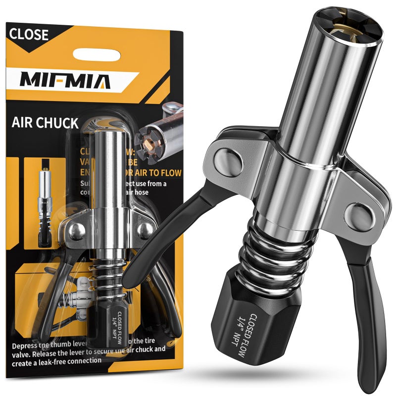 MIFMIA Locking Air Chuck  Heavy Duty with Six Steel Jaws  Locks onto Any Tire Valve  No Leaks or Pop-Offs  Rated to 150 PSI - Closed Flow - Image 1
